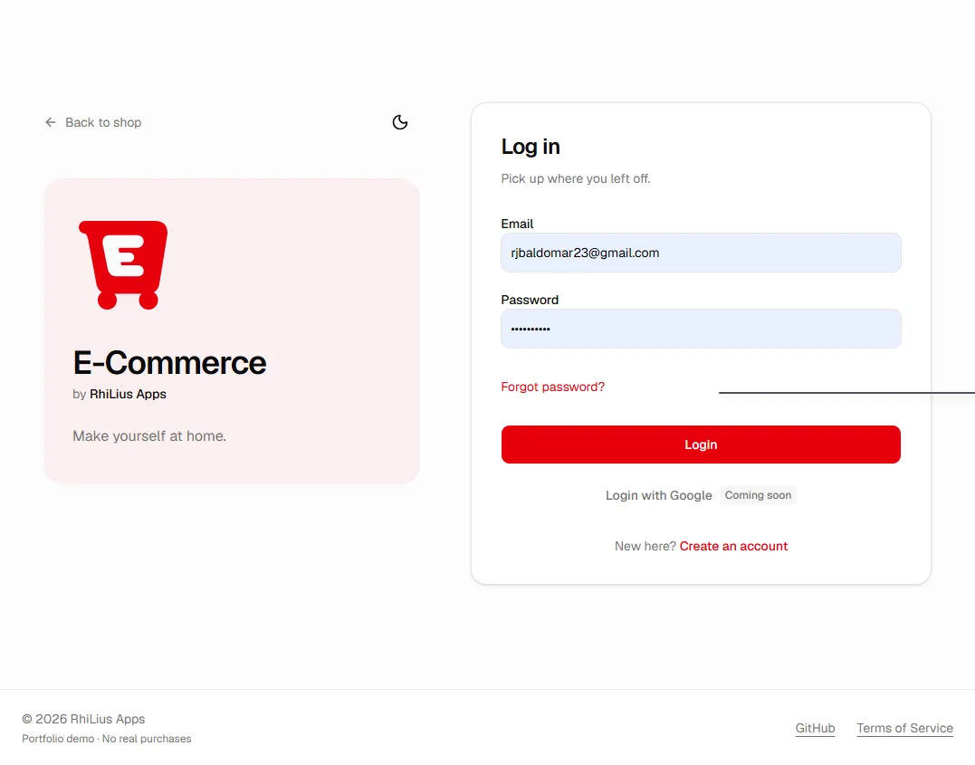 E-Commerce login page